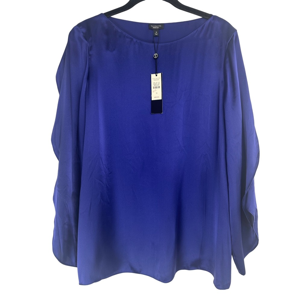 Talbots Women 10 Royal Blue 100% Silk Split Flutter Sleeve Blouse Office NWT
